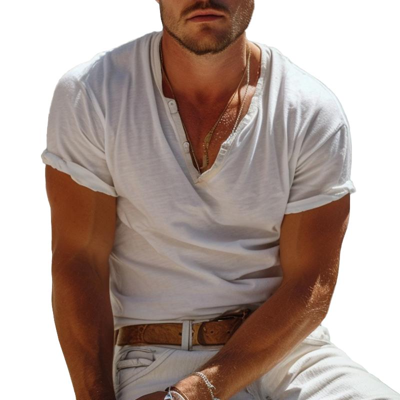 Heren Henley T-shirt Nico, korte mouwen, effen met Henley-kraag en casual design, perfect voor zomerse elegantie.