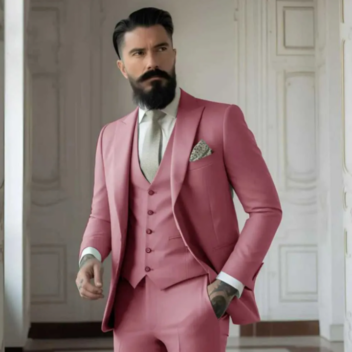 Heren driedelig trouwpak in saliegroen, single-breasted, met puntige revers, elegant ontwerp, klassieke pasvorm