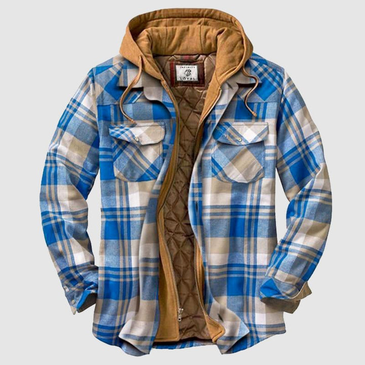 Stijlvol geruit houthakkersjack voor heren in blauw-beige tinten, perfect voor de winter.