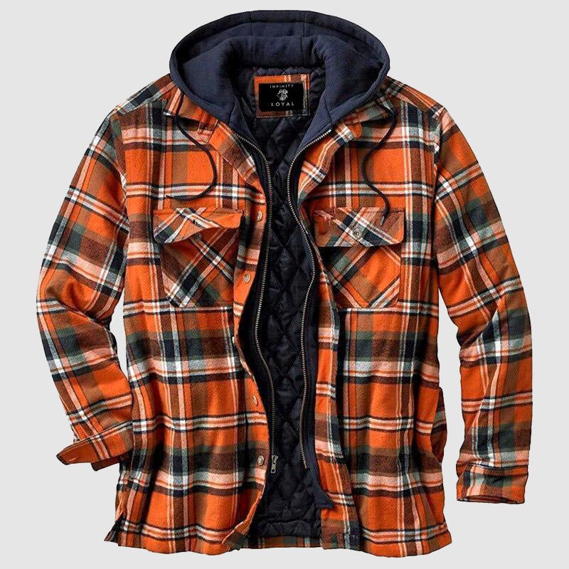Winterse houthakkersstijl jas voor heren met een klassiek ruitpatroon.