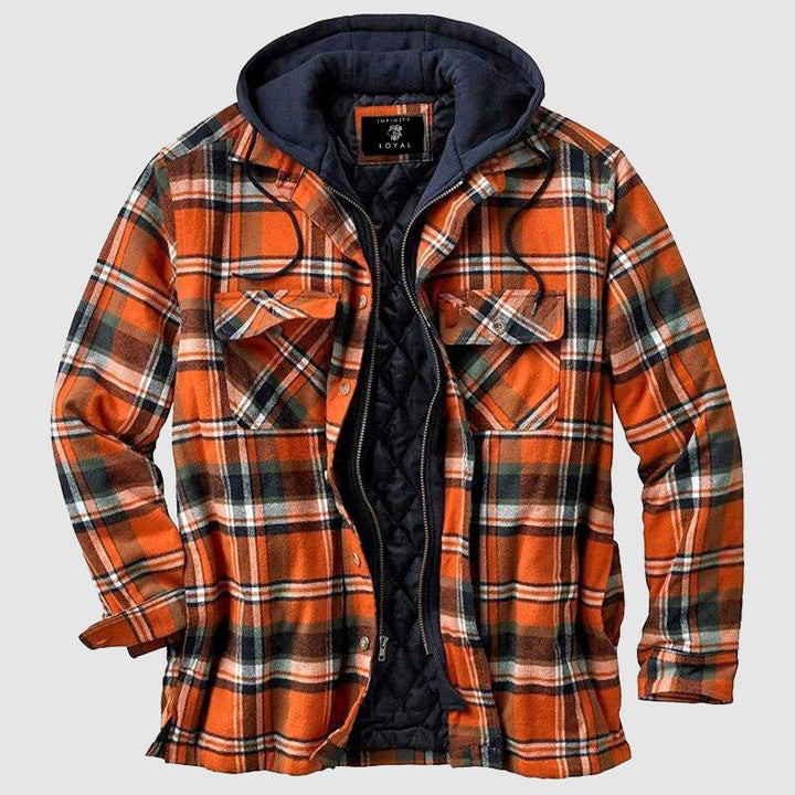 Winterse houthakkersstijl jas voor heren met een klassiek ruitpatroon.