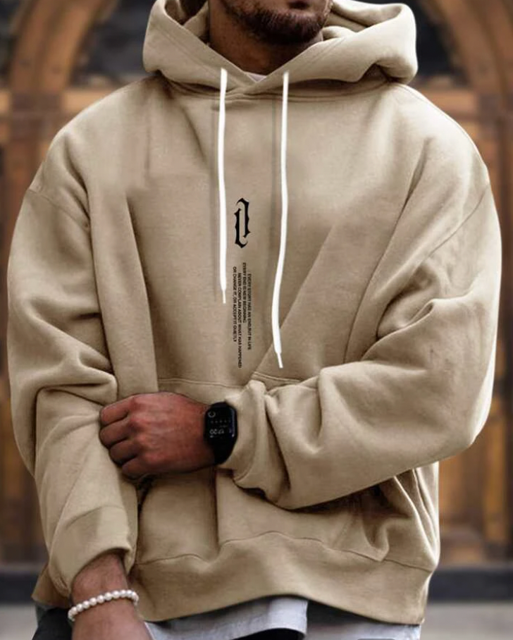 Heren hoodie in beige, blauw, zwart; comfortabel, stijlvol; losse pasvorm, capuchon met trekkoord, V-hals.