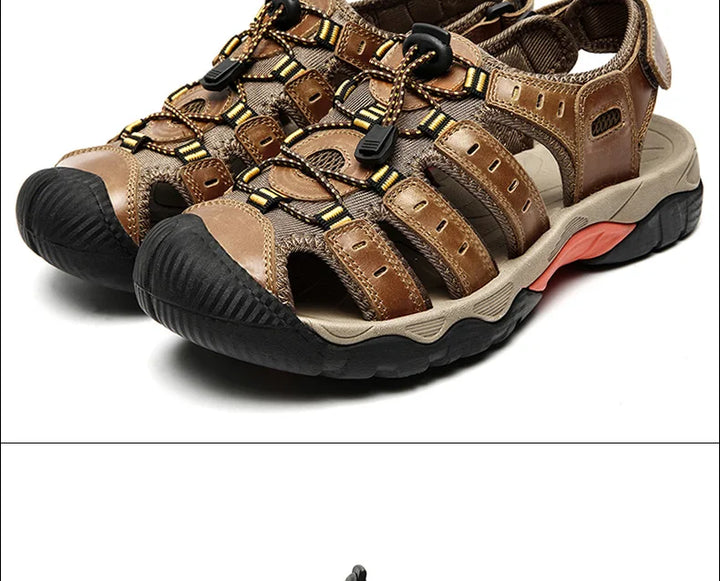 Heren Leren Outdoor Sandalen, bruin, robuust en comfortabel, ideaal voor trekking en strand, met antislip rubberen zool.