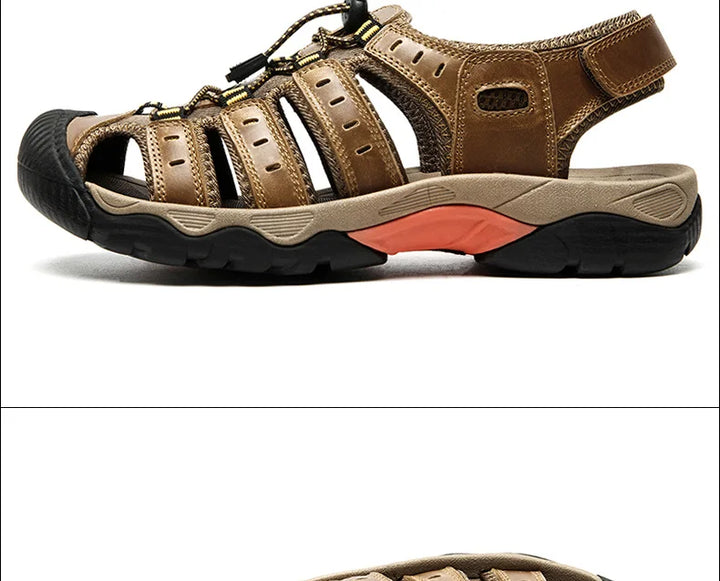 Heren Leren Outdoor Sandalen, bruin, robuust en comfortabel, ideaal voor trekking en strand, met antislip rubberen zool.