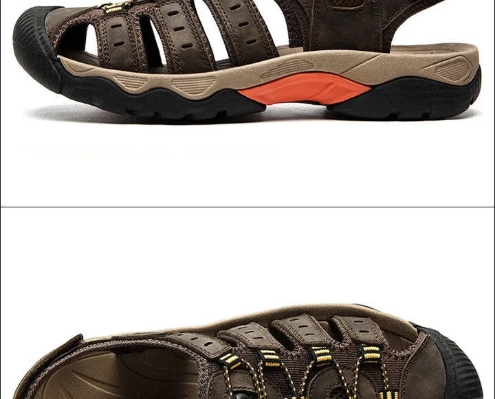 Heren Leren Outdoor Sandalen, bruin, robuust en comfortabel, ideaal voor trekking en strand, met antislip rubberen zool.