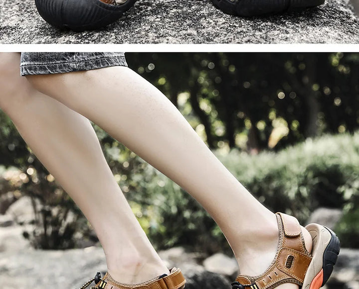 Heren Leren Outdoor Sandalen, bruin, robuust en comfortabel, ideaal voor trekking en strand, met antislip rubberen zool.