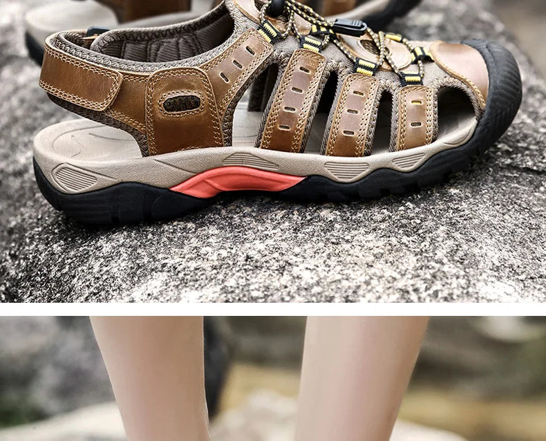 Heren Leren Outdoor Sandalen, bruin, robuust en comfortabel, ideaal voor trekking en strand, met antislip rubberen zool.