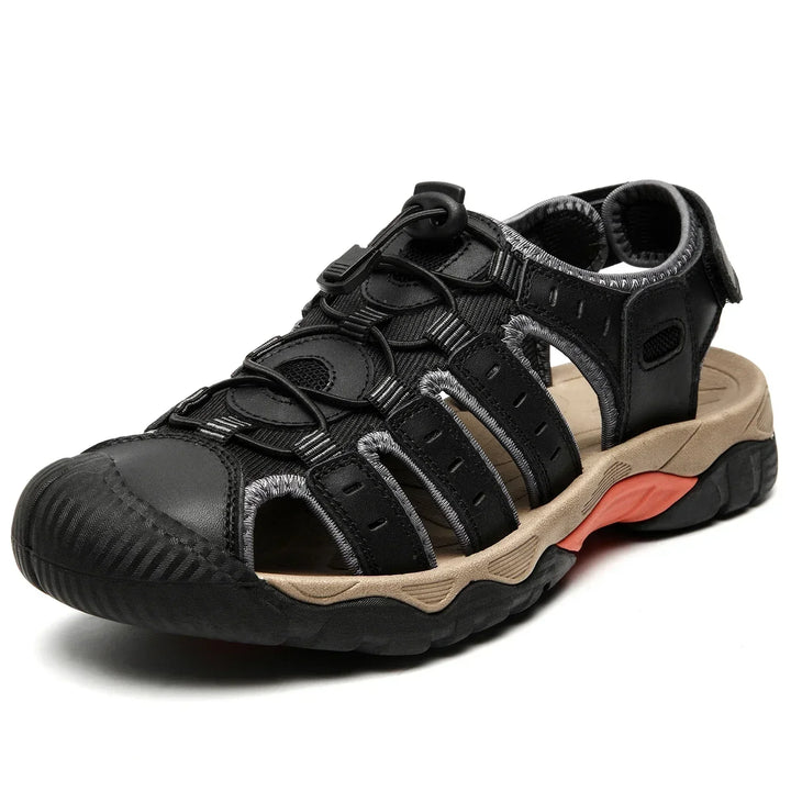 "Herren Leder Outdoor Sandalen, braun, robust, bequem, für Trekking & Strand, mit rutschfester Gummisohle."