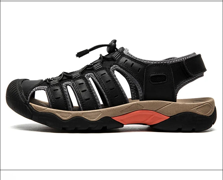 "Herren Leder Outdoor Sandalen, braun, robust, bequem, für Trekking & Strand, mit rutschfester Gummisohle."