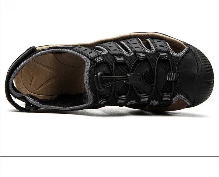 "Herren Leder Outdoor Sandalen, braun, robust, bequem, für Trekking & Strand, mit rutschfester Gummisohle."