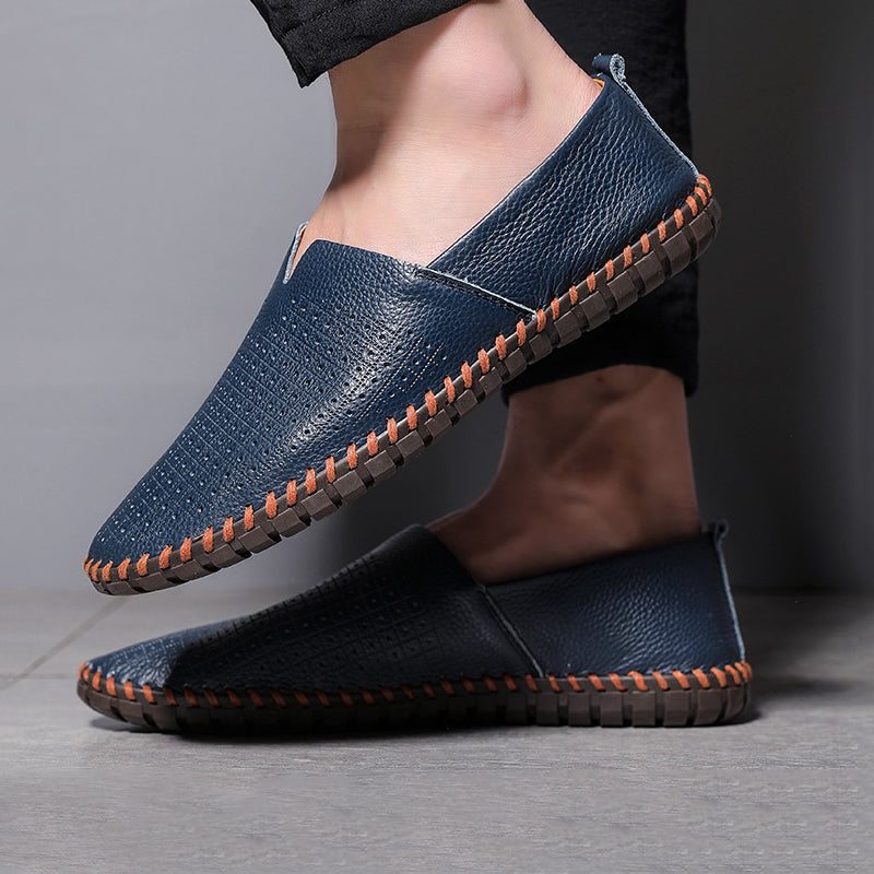 Herenleren schoenen, minimalistisch, comfortabel; klassieke kleuren blauw, bruin, zwart, wit; stijlvolle elegantie