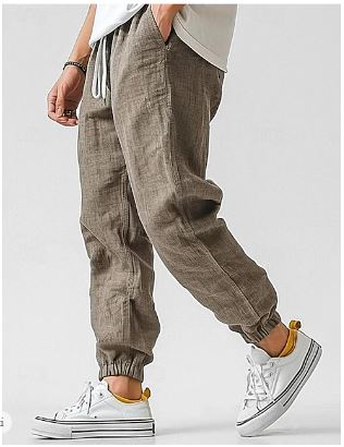 Heren linnen cargo broek in kaki, elegante zomerbroek, comfortabele pasvorm met trekkoord en zakken, ideaal voor warme dagen