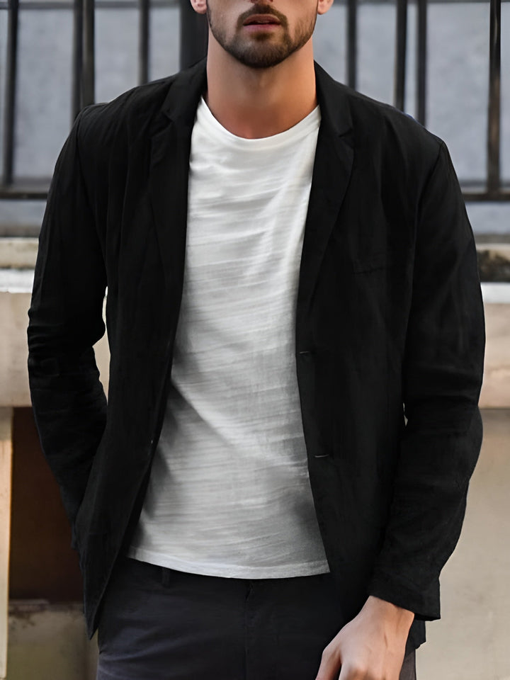 Heren linnen colbert, elegant, tijdloos, veelzijdig, met fijne lijnen en zakken, licht en ademend.