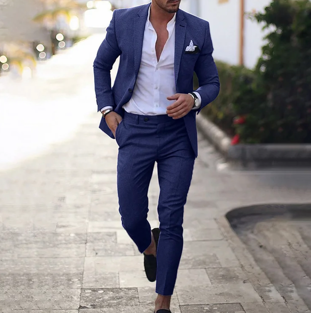 Heren linnen pak in beige, donkerblauw en grijs, stijlvolle pasvorm, zakelijk-casual look, elegant en comfortabel pak