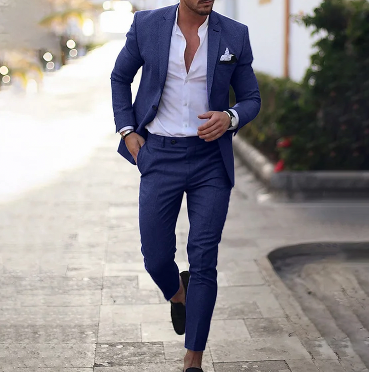 Heren linnen pak in beige, donkerblauw en grijs, stijlvolle pasvorm, zakelijk-casual look, elegant en comfortabel pak