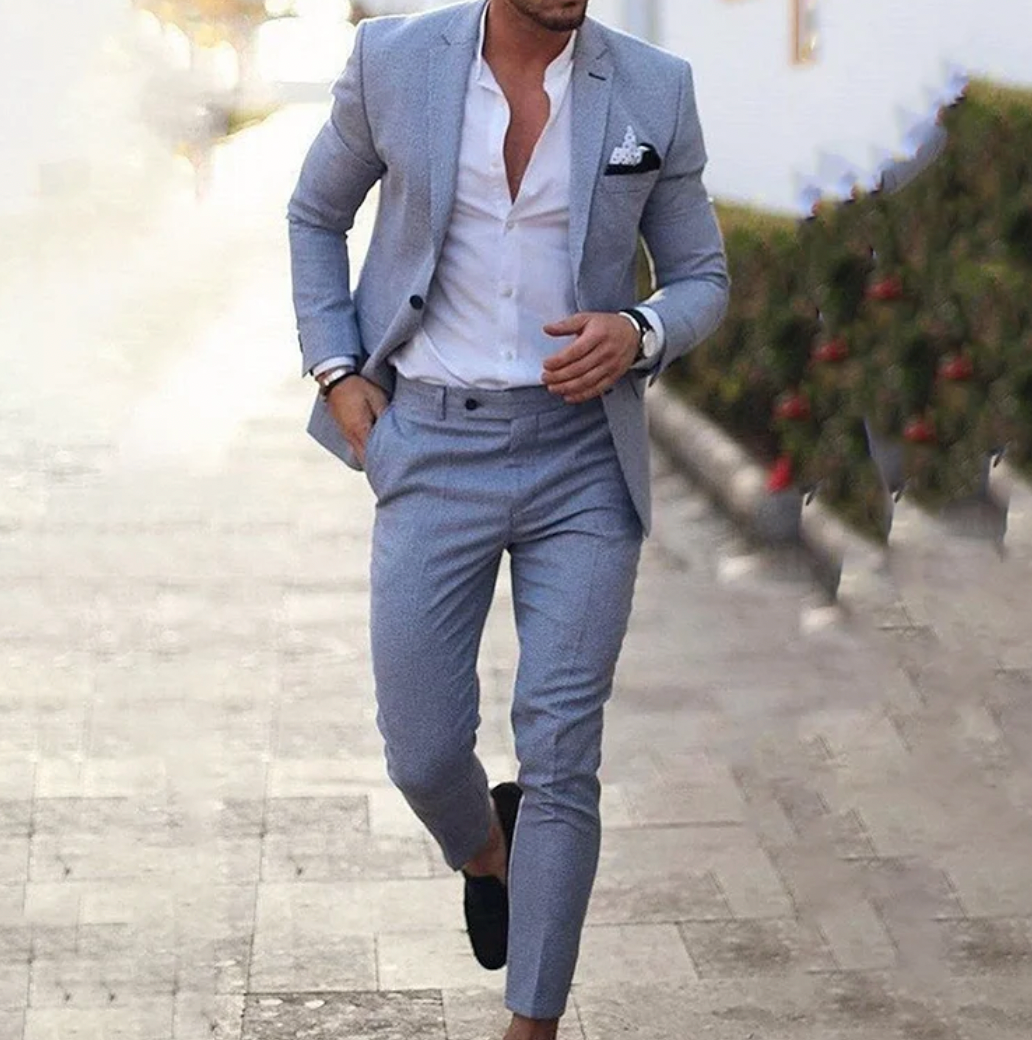Heren linnen pak in beige, donkerblauw en grijs, stijlvolle pasvorm, zakelijk-casual look, elegant en comfortabel pak
