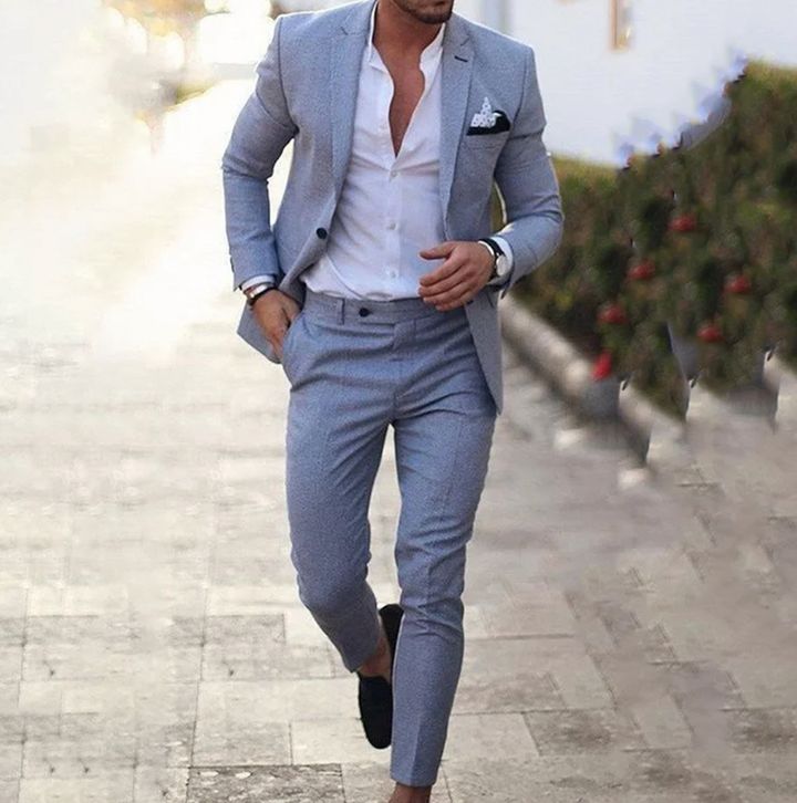 Heren linnen pak in beige, donkerblauw en grijs, stijlvolle pasvorm, zakelijk-casual look, elegant en comfortabel pak