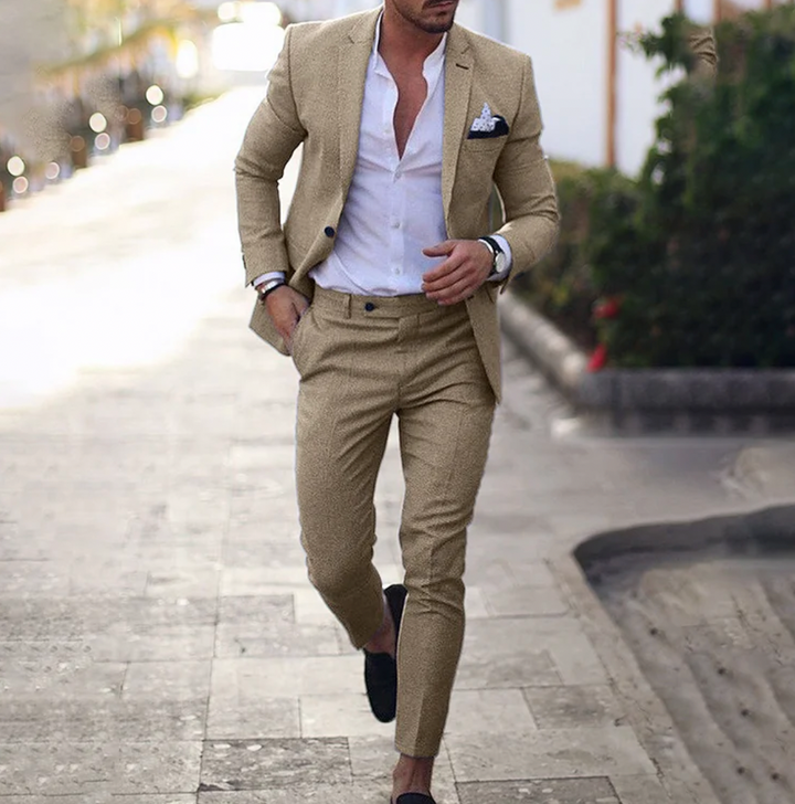 Heren linnen pak in beige, donkerblauw en grijs, stijlvolle pasvorm, zakelijk-casual look, elegant en comfortabel pak