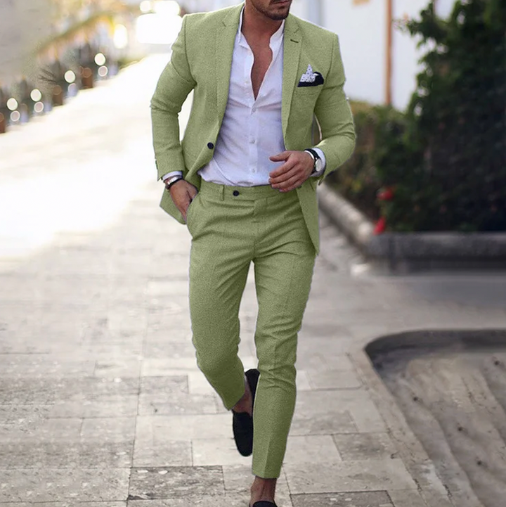 Heren linnen pak in beige, donkerblauw en grijs, stijlvolle pasvorm, zakelijk-casual look, elegant en comfortabel pak