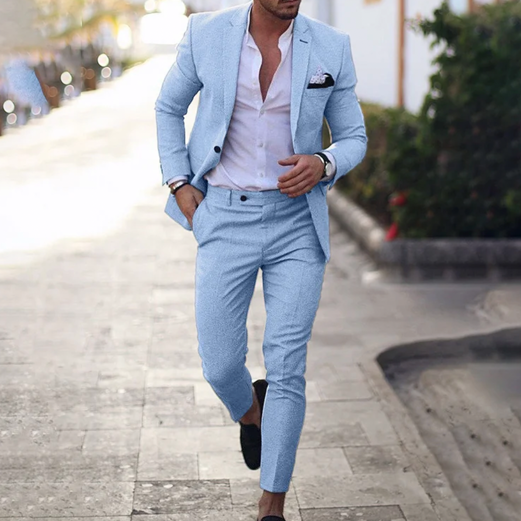 Heren linnen pak in beige, donkerblauw en grijs, stijlvolle pasvorm, zakelijk-casual look, elegant en comfortabel pak