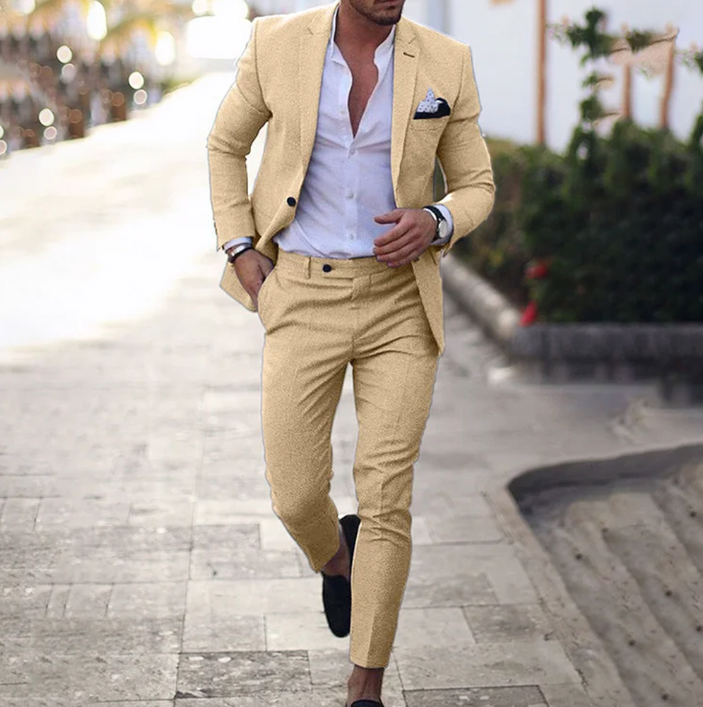 Heren linnen pak in beige, donkerblauw en grijs, stijlvolle pasvorm, zakelijk-casual look, elegant en comfortabel pak