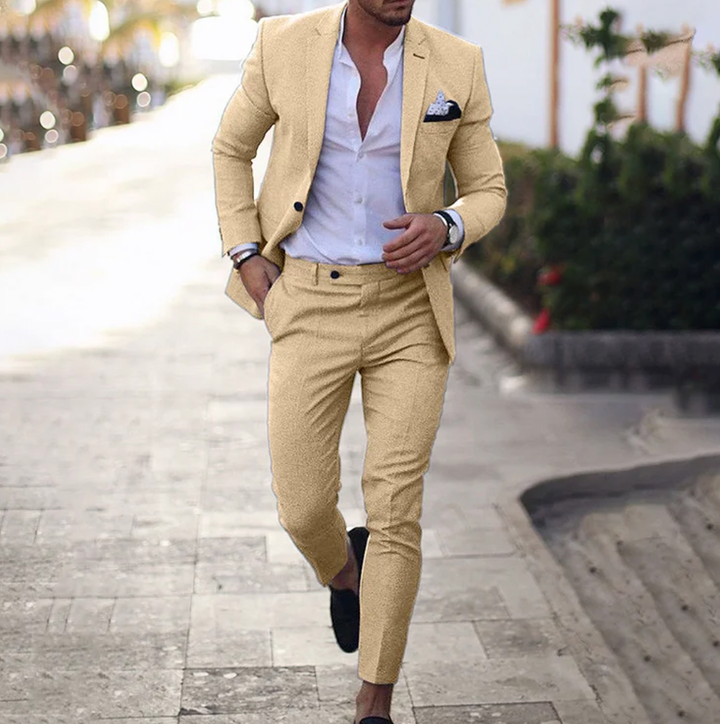 Heren linnen pak in beige, donkerblauw en grijs, stijlvolle pasvorm, zakelijk-casual look, elegant en comfortabel pak