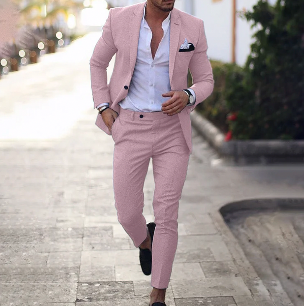 Heren linnen pak in beige, donkerblauw en grijs, stijlvolle pasvorm, zakelijk-casual look, elegant en comfortabel pak