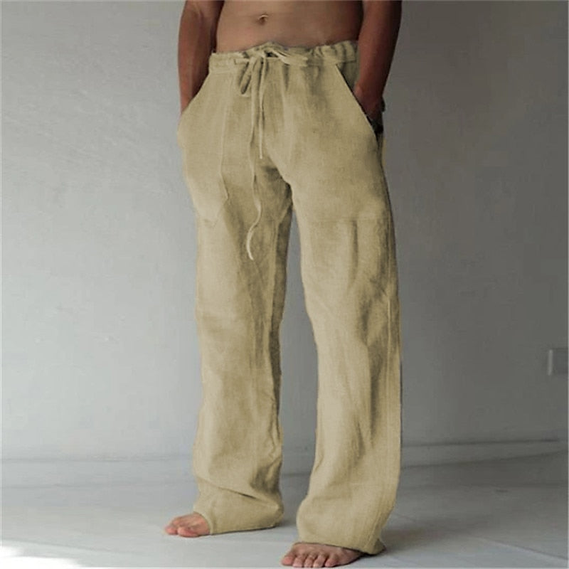 Heren linnen broek, ademend, casual, ideaal voor de zomer, beige, comfortabele pasvorm, enkellengte, perfect voor warme dagen.