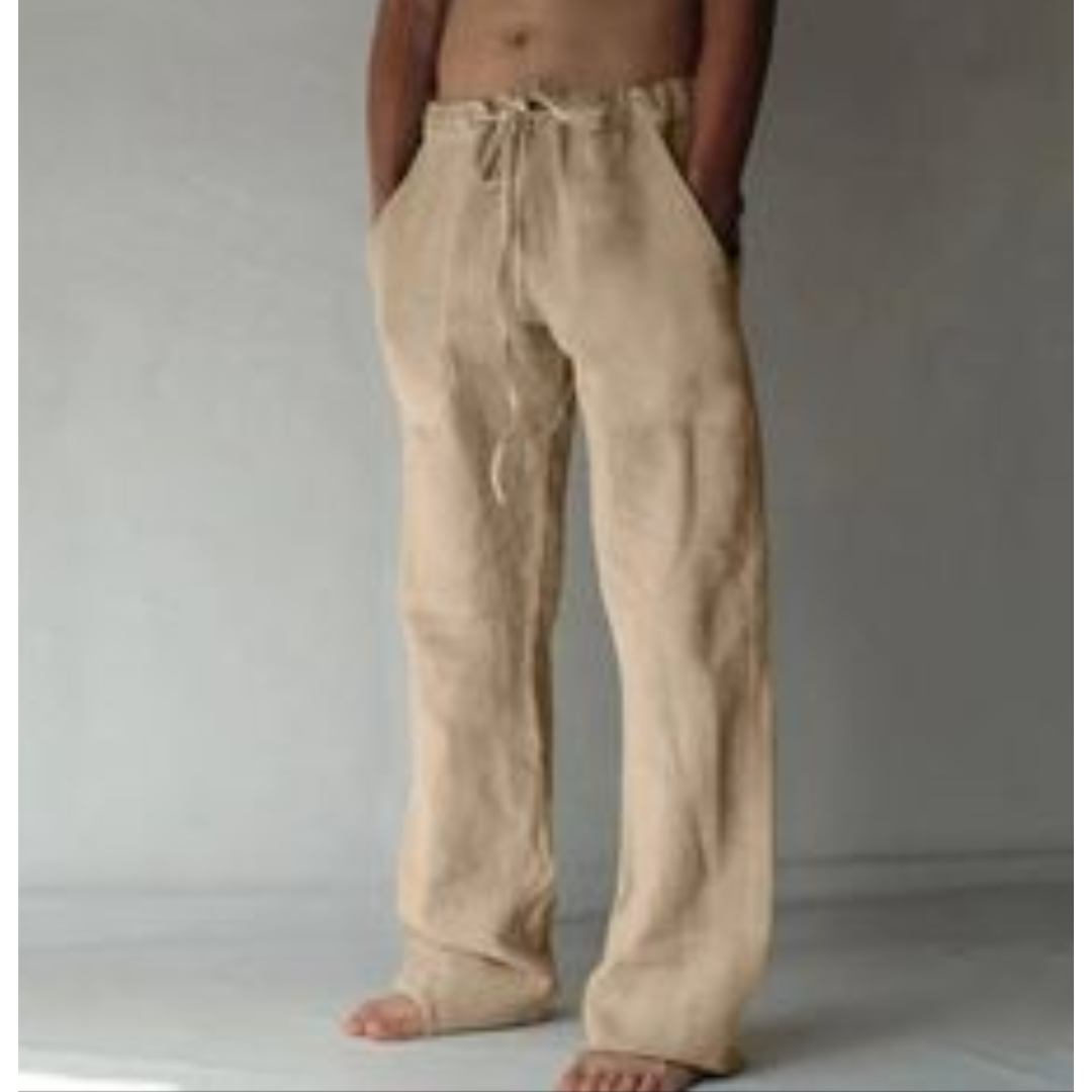 Heren linnen broek met trekkoord, losse pasvorm, in lichtbeige, ideaal voor de zomer, ademende stof.
