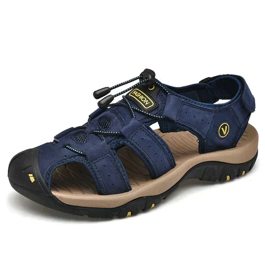 Heren orthopedische sandalen, bruin, open neus, verstelbare bandjes, voetboogondersteuning, schokabsorberende zolen.