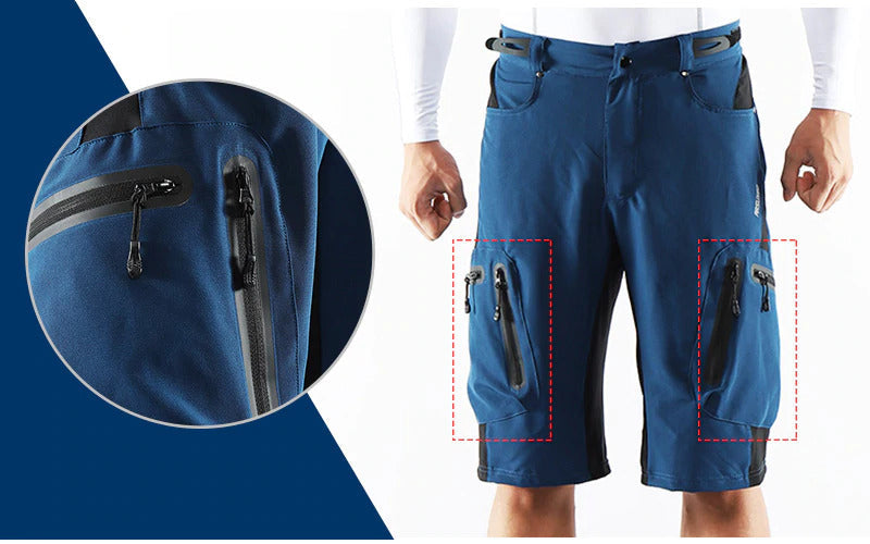 Heren outdoor fietsbroek, ademend, elastische tailleband, ritszakken, ideaal voor fietsen en buitenavonturen.