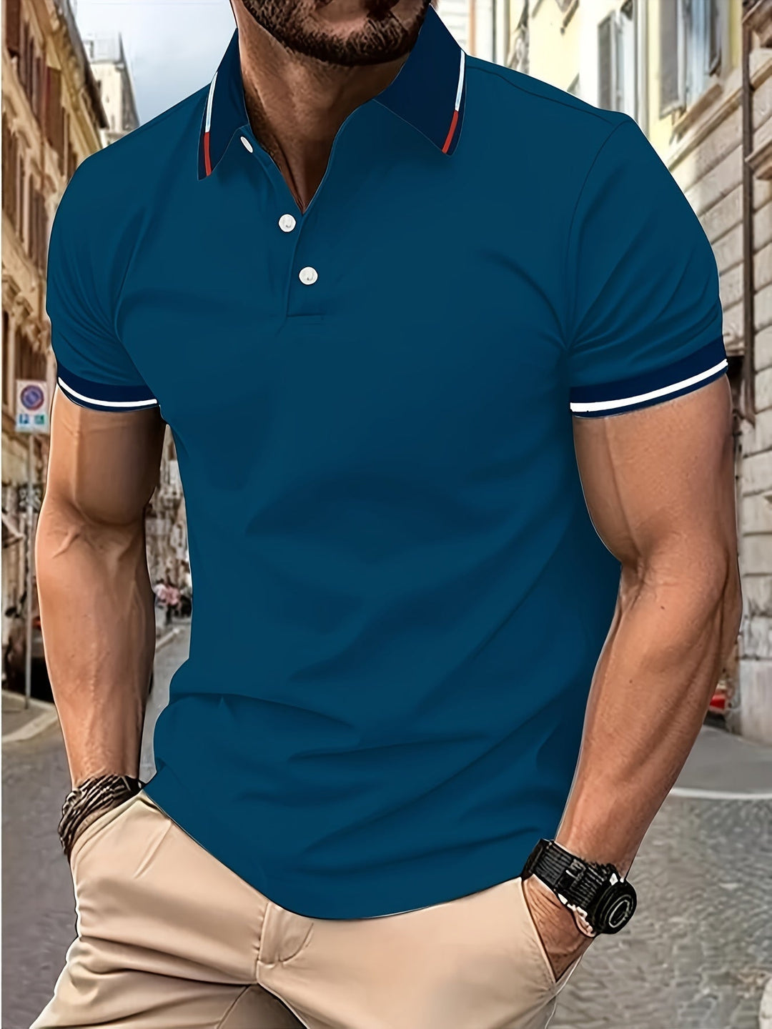 Heren Poloshirt in Meerblauw, knoopdetails, reverskraag, ademend, lichtgewicht, ideaal voor golf en vrije tijd, vooraanzicht.