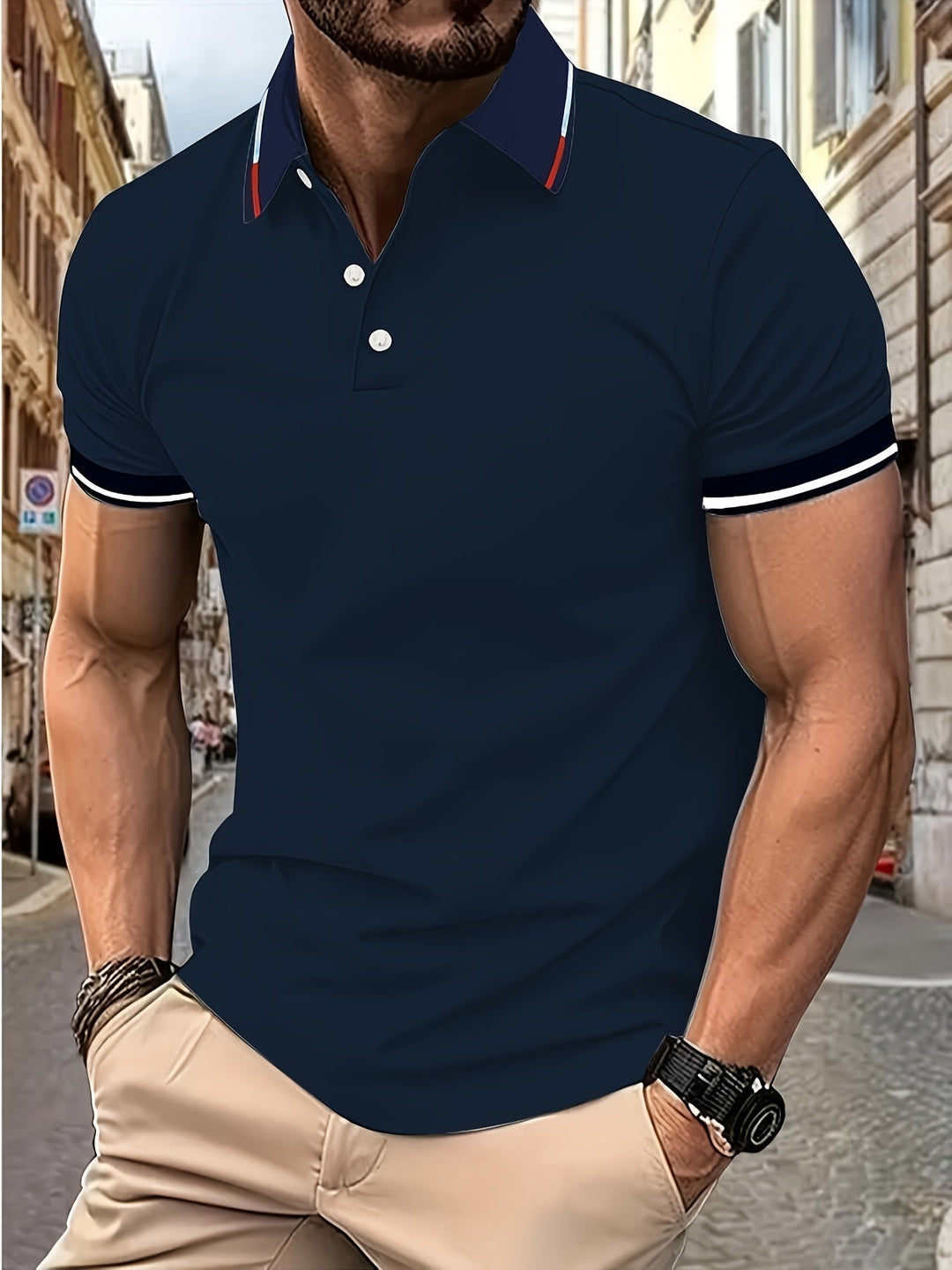 Heren Poloshirt in Meerblauw, knoopdetails, reverskraag, ademend, lichtgewicht, ideaal voor golf en vrije tijd, vooraanzicht.