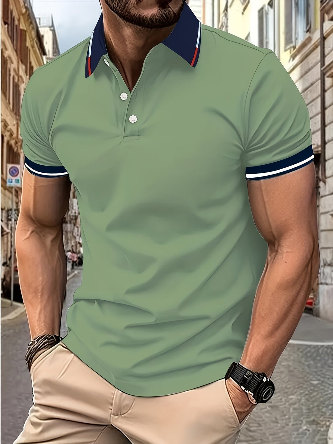 Heren Poloshirt in Meerblauw, knoopdetails, reverskraag, ademend, lichtgewicht, ideaal voor golf en vrije tijd, vooraanzicht.