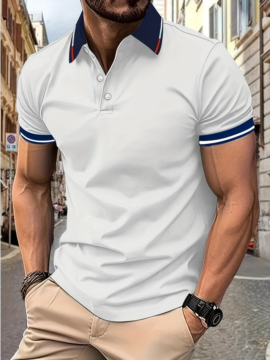 Heren Poloshirt in Meerblauw, knoopdetails, reverskraag, ademend, lichtgewicht, ideaal voor golf en vrije tijd, vooraanzicht.