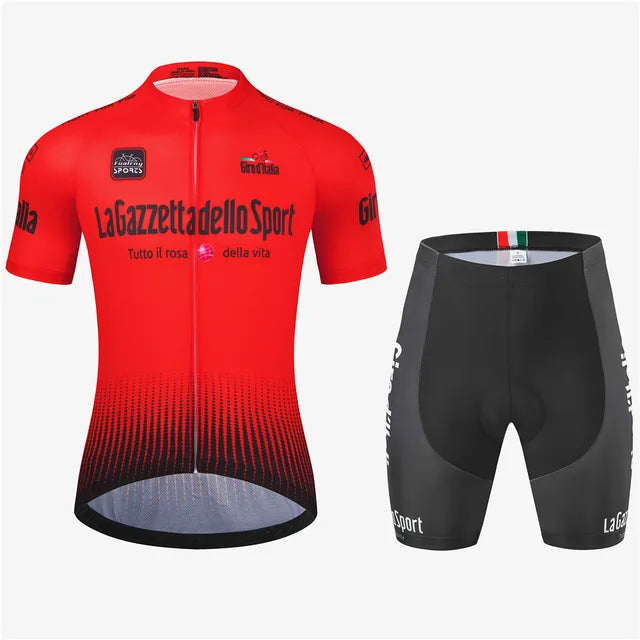 Heren fietsset met aerodynamisch ontwerp in stijlvolle zomerkleuren, ideaal voor ambitieuze fietsers.