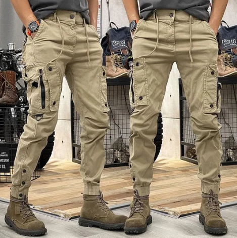 Heren slim-fit cargobroek in het khaki met praktische zakken, ideaal voor dagelijks gebruik en uitstapjes, stijlvol en functioneel