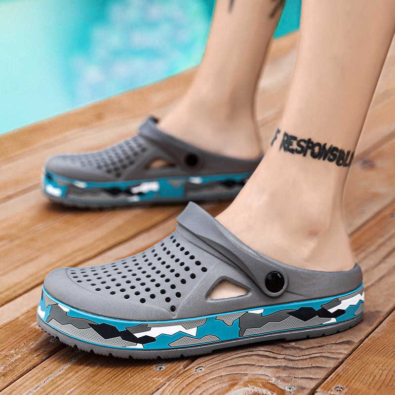 Heren slip-on klompen met camouflageprint, ademend, slipvast, ideaal voor buitenactiviteiten en watersport.