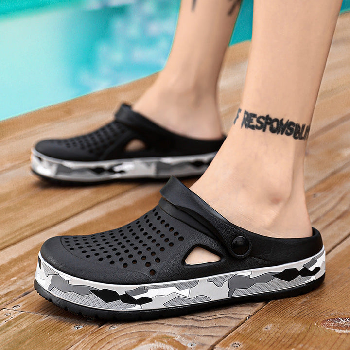 Heren slip-on klompen met camouflageprint, ademend, slipvast, ideaal voor buitenactiviteiten en watersport.