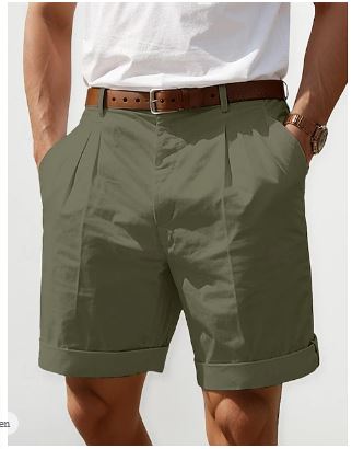 Heren zomer linnen shorts, ademend, geplooid ontwerp, verkrijgbaar in beige, groen, marineblauw, zwart en wit.