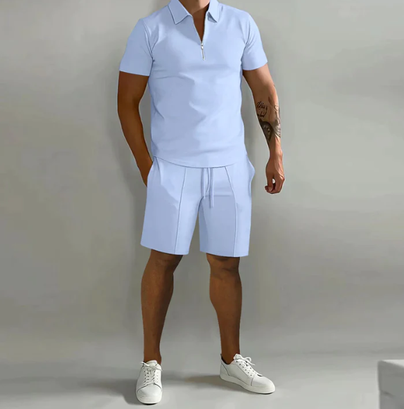 Heren zomerset met top met korte mouwen en shorts, vochtafvoerend en veelzijdig, ideaal voor warme dagen.