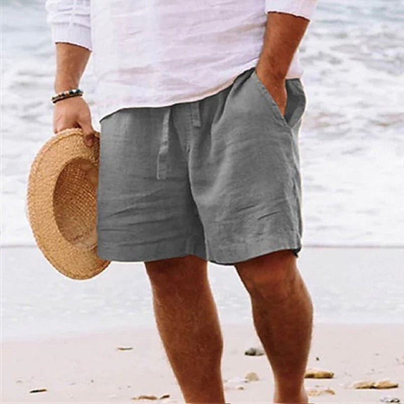 Heren zomer shorts, licht materiaal, comfortabele pasvorm, beige, ideaal voor strand en vrije tijd, met zakken en trekkoord.