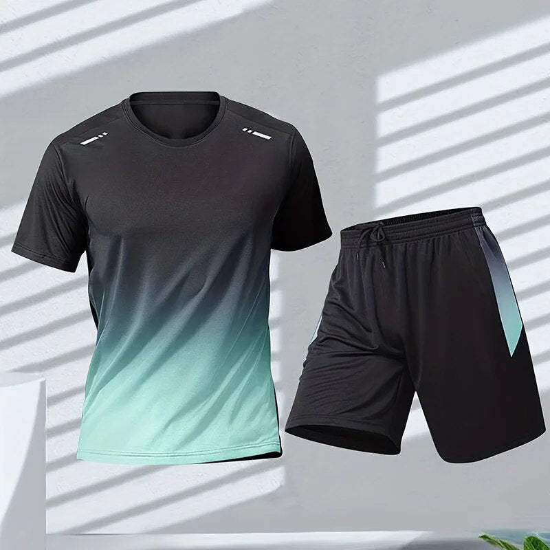 Heren sportkleding set met kleurverloop, ademende stof, elastische pasvorm, sneldrogend