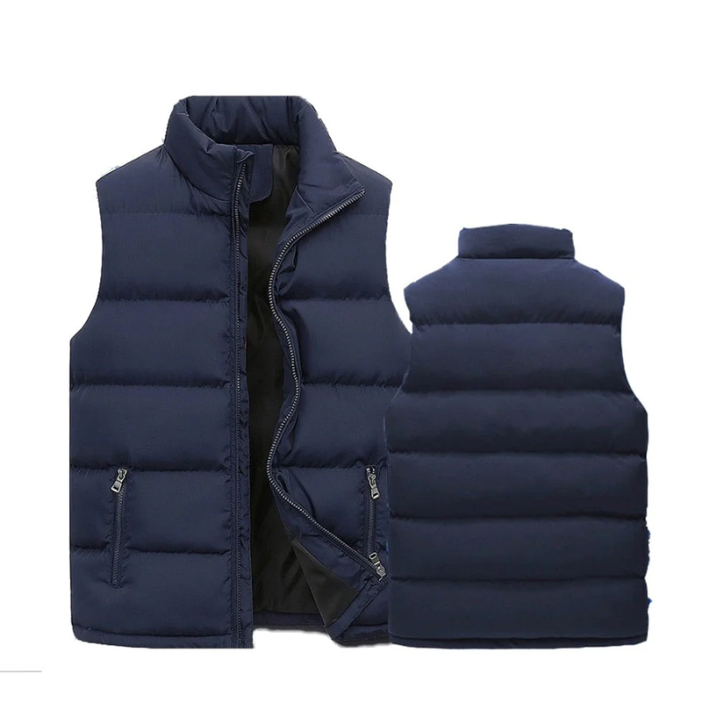 Heren Gewatteerd Vest in Donkerblauw, licht en veelzijdig, vooraanzicht toont elegant ontwerp voor comfort en stijl.