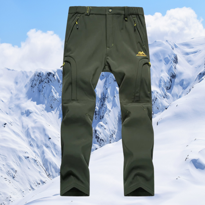 Heren thermische outdoorbroek, waterdicht, ademend, blauw, robuust, ideaal voor wandelen en kamperen, gemaakt van weerbestendig materiaal.