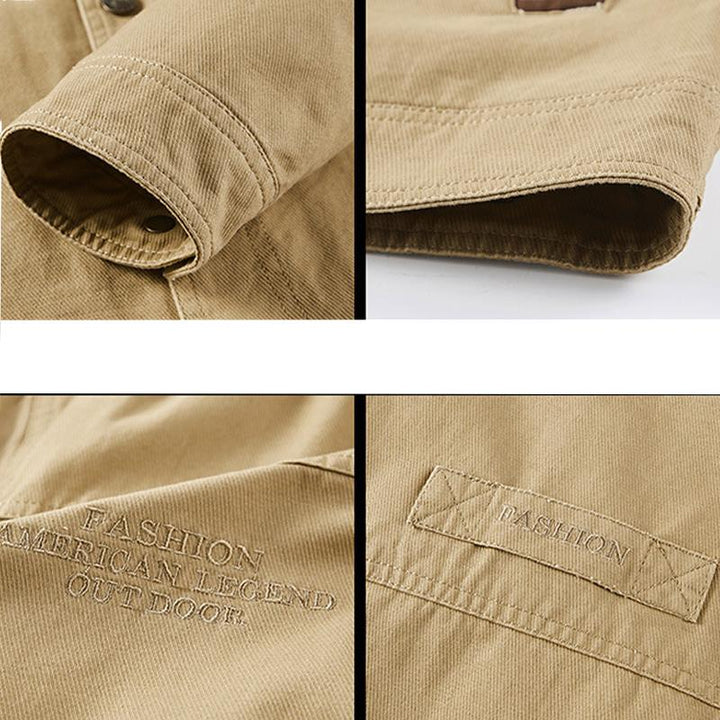 Heren vintage cargojas in kaki met grote zakken en een getailleerde pasvorm, perfect voor diverse gelegenheden.