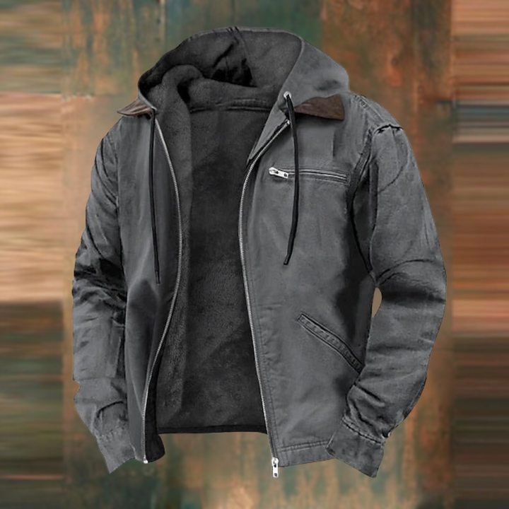 Heren winterjas met capuchon en meerdere zakken, elegant design, weerbestendig en functioneel voor koude dagen.