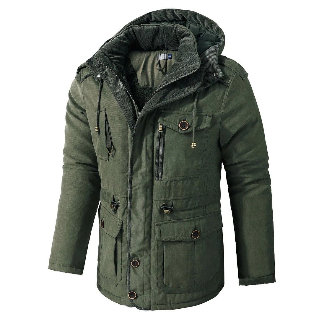 Heren winterjas met zakken, warm, modern design, verstelbare capuchon, veelzijdige opbergruimte, voor koud weer.