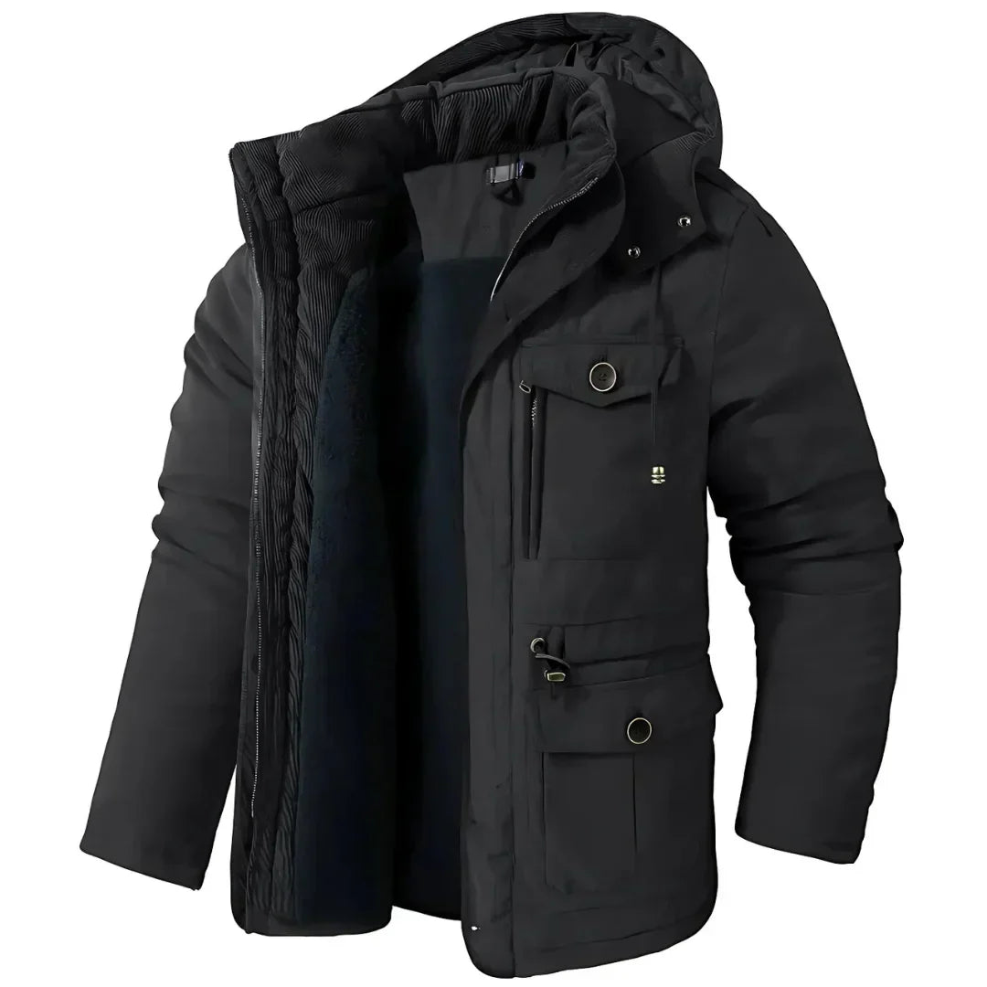 Heren winterjas, wind- en waterdicht, stijlvol in donkerblauw, ideaal voor buitenavonturen en koude winterdagen.