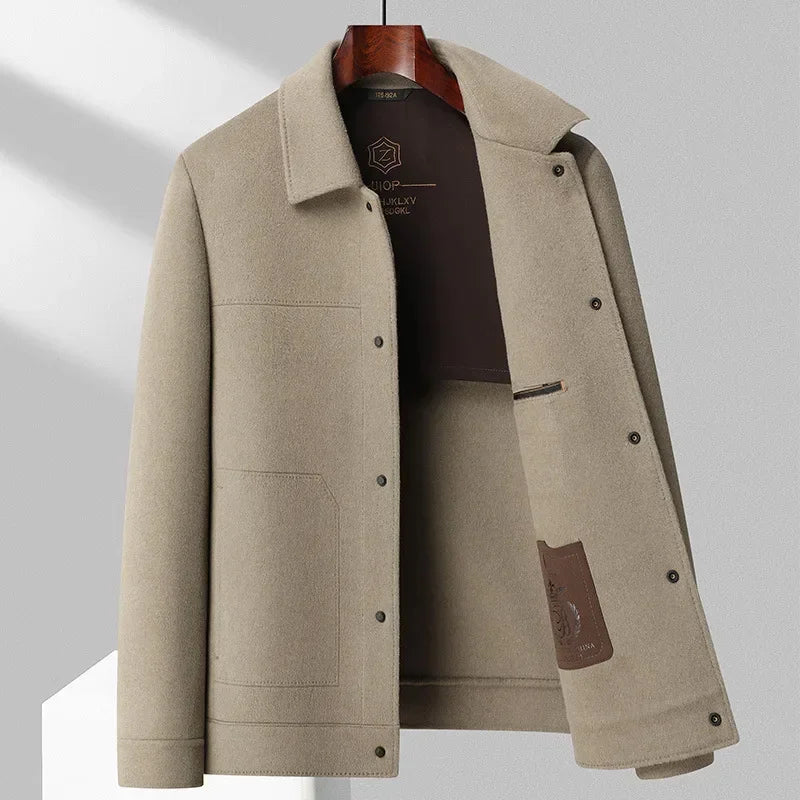 Heren wollen jas in beige, klassiek ontwerp, hoogwaardige wolmix, perfect voor zakelijk en informeel gebruik, elegante details